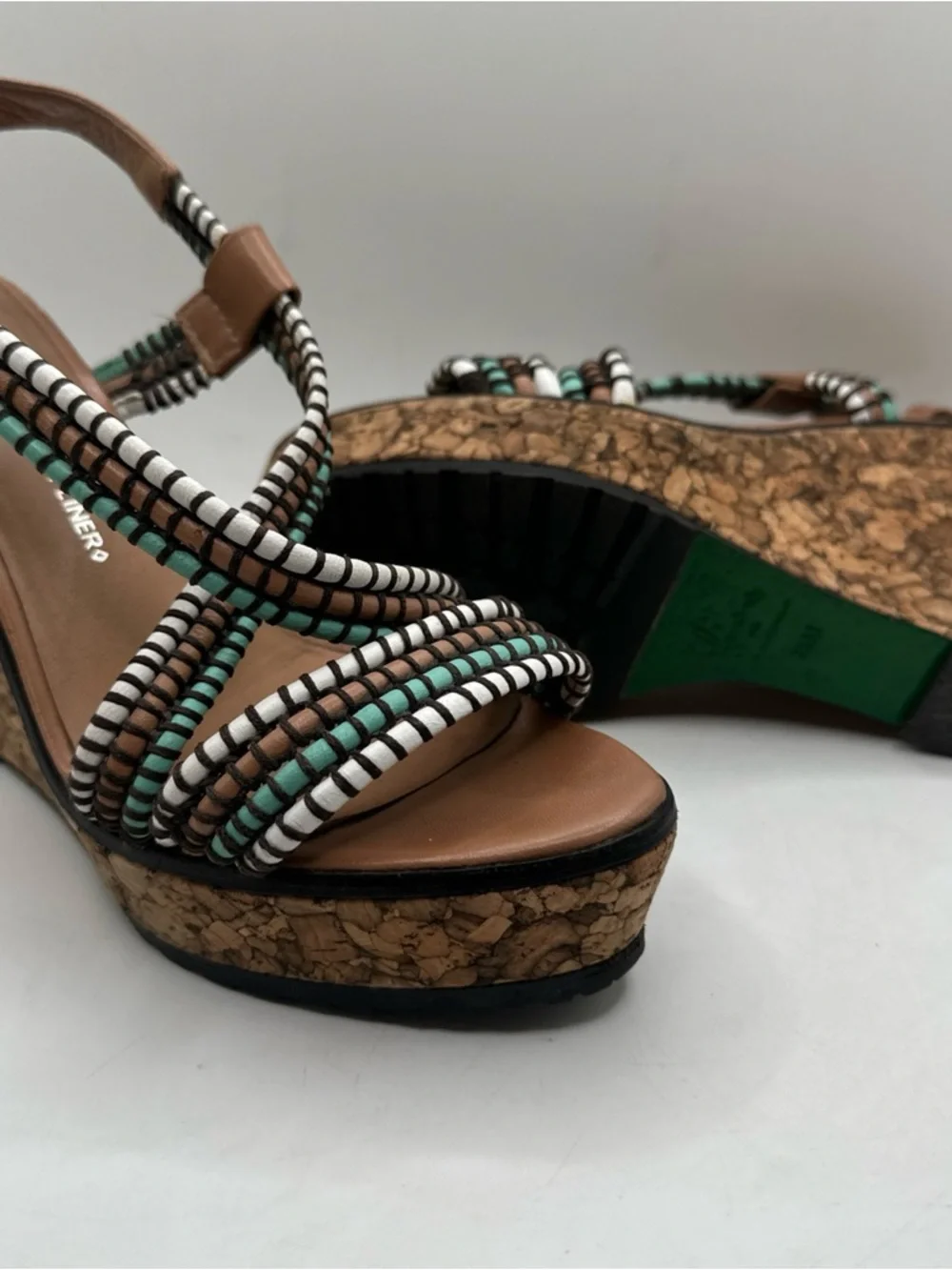Donald J. Pliner Cork Wedge Sandals Turquoise White & Black Straps Sz 7 1/2